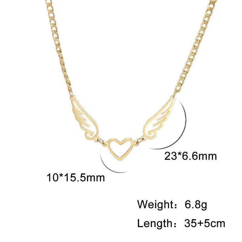 Hollow Heart Angel Wing Necklace-Gold-4