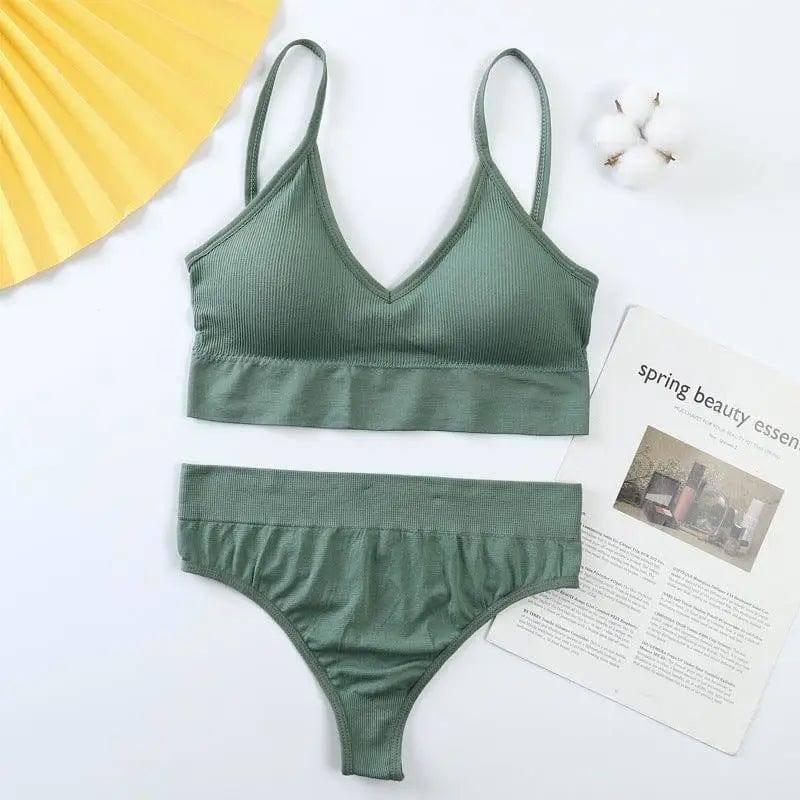 Women Bra Panties Set Push Up Sports Bra Set G-String-Green-4