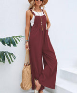 Women Long Bib Pants Overalls Casual Loose Rompers Jumpsuits-Burgundy-6