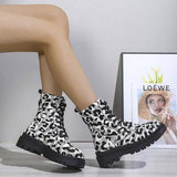 Women Martin Boots Black White Leopard Print Low Heel Shoes-7