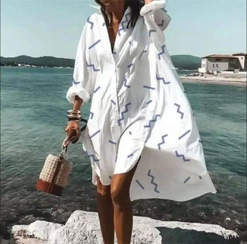 Women's Casual Single Loose Lapel Mid Shirt Dress-White-3