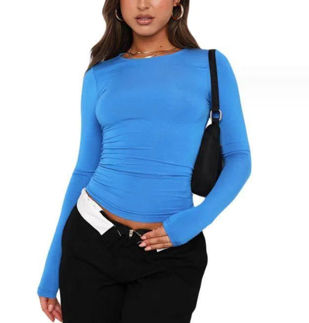 Women's Clothing Fashion Slim Long-sleeved Pullovers Tops Solid Causal Fit Shirts-Color76-12