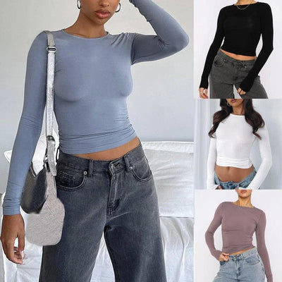 Women's Clothing Fashion Slim Long-sleeved Pullovers Tops Solid Causal Fit Shirts-1