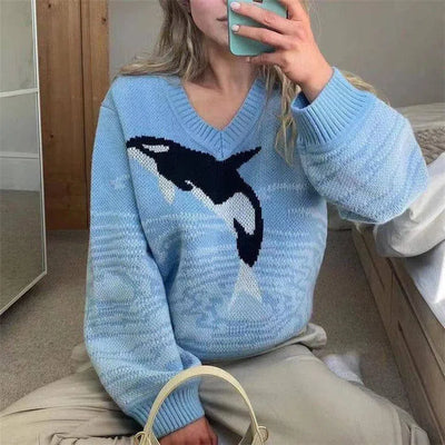 Women's Dolphin Printing Long Sleeve Loose Sweater-5