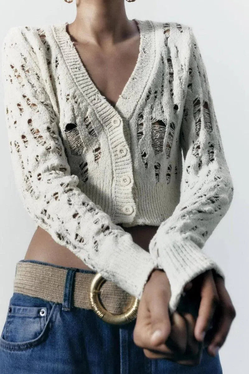 Women's Fashion Leisure Ripped Decorative Knitted Cardigan-3