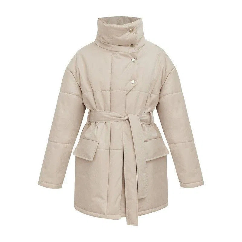 Women's Fashion Temperament Standing Collar Cotton Jacket-Beige-3