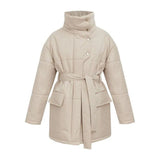 Women's Fashion Temperament Standing Collar Cotton Jacket-Beige-3