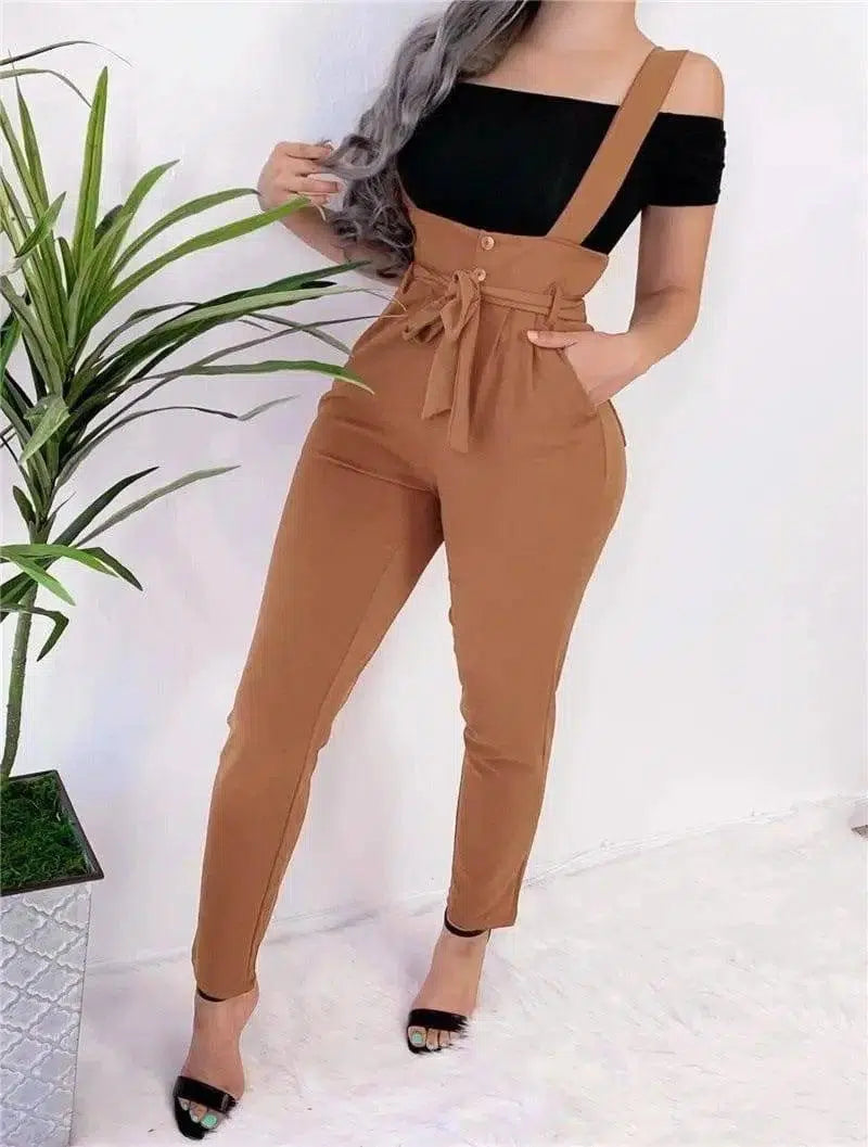 Women's high waist casual jumpsuit suspenders-Khaki-27