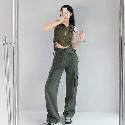 Women's High Waist Retro Pink Overalls-Army Green-4