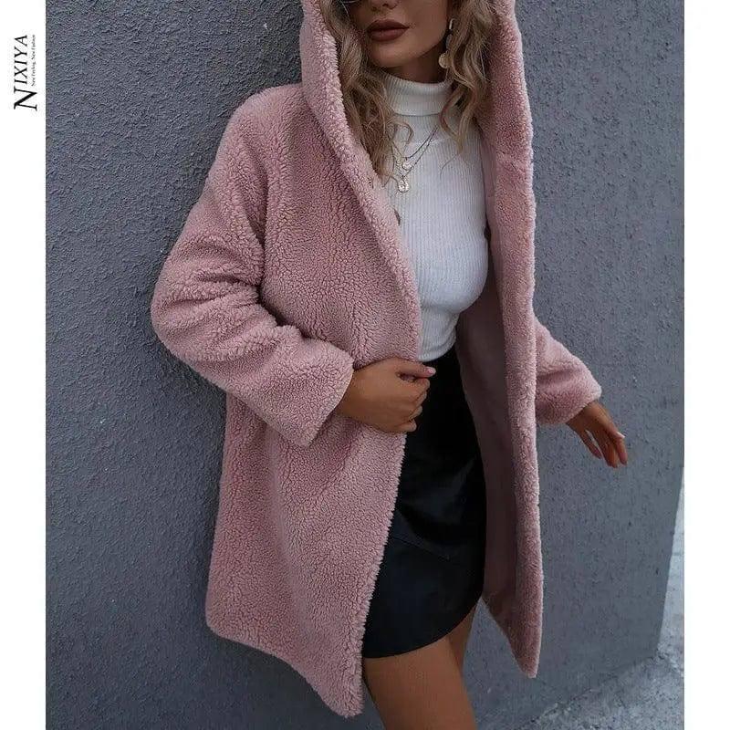 Women's Hooded Mid-length Coat Lamb-Pink-2