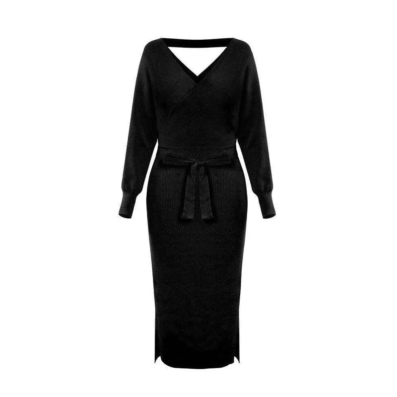 Women's Knitted Dress Slim V-neck-Black-6