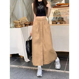 Women's Korean Style Sense Of Design Washed Cotton Midi-Khaki-5