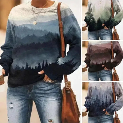 Women's Landscape Floral Print Long Sleeve Pullover-1