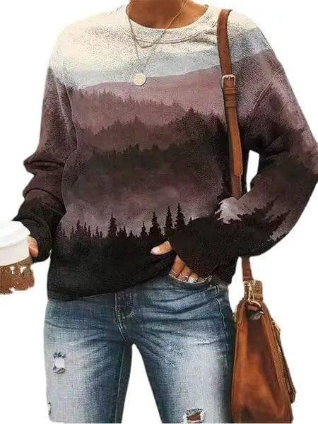 Women's Landscape Floral Print Long Sleeve Pullover-9