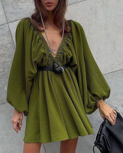 Women's Lantern Sleeve V-neck Dress-Army Green-9