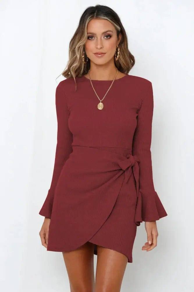 Women's Long Sleeve Dress Ruffle Flared Sleeve Bowknot-Burgundy-3