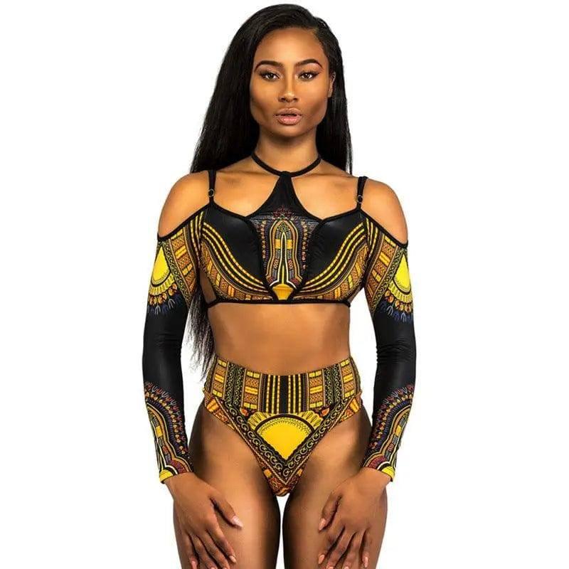 Women's Long Sleeve Printed High Waist Bikini Two Piece-Black-3