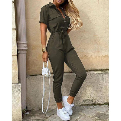 Women's Monochromatic Belt Workwear Jumpsuit, Casual Pants,-12