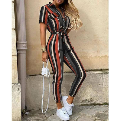 Women's Monochromatic Belt Workwear Jumpsuit, Casual Pants,-5