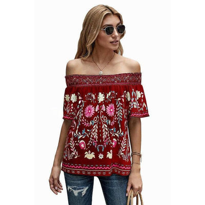 Women's Printed T-shirt Loose Off Shoulder Top-LC253506 Red-4