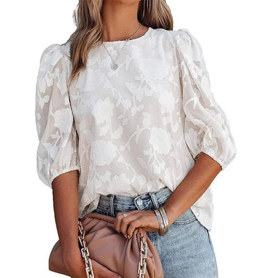 Women's Puff Sleeve Chiffon Loose Top Flower Texture Shirt-White-6