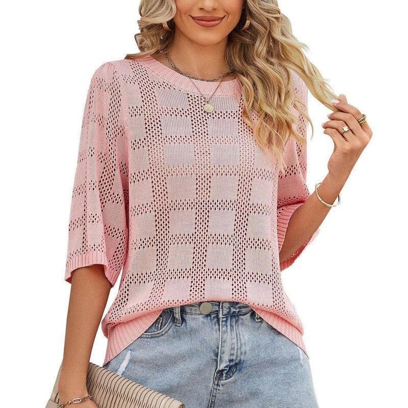 Women's Round Neck Hollowed Out Sun Protection Shirt Knitted-Pink-5