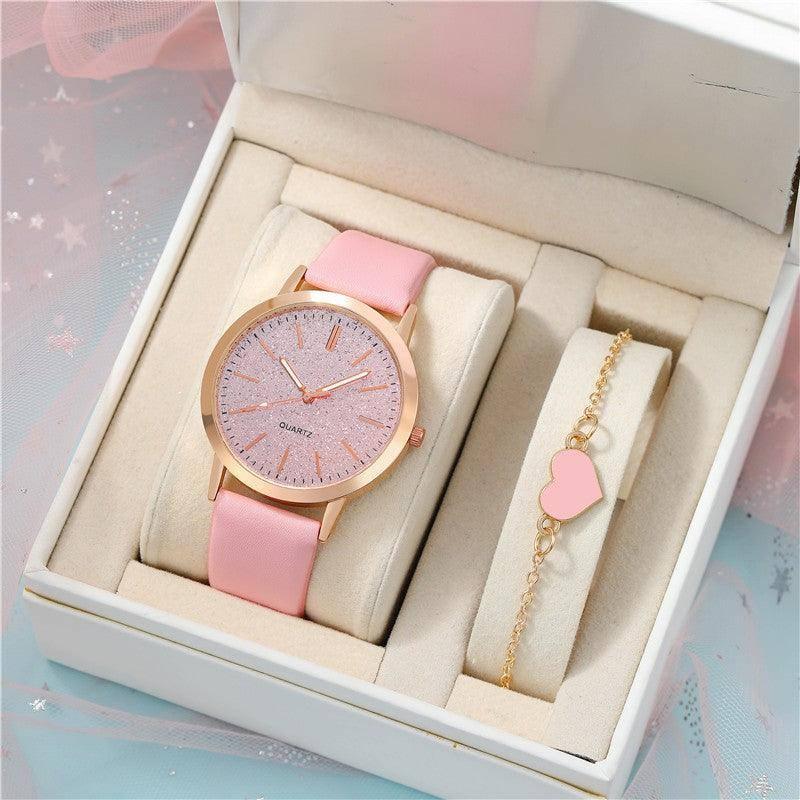 Women's Round Pointer Quartz Watch Set-Pink set-1