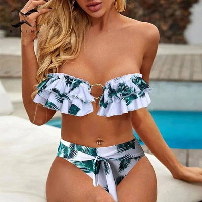 Women's Ruffled Swimsuit Solid Color Metal Ring Bikini-Green-3