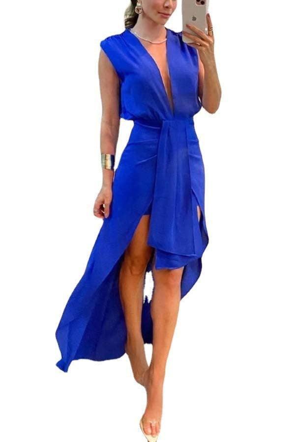 Women's Sleeveless V-neck Irregular Dress-2