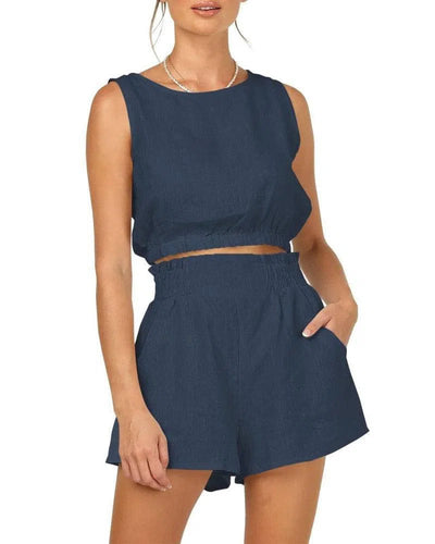 Women's Solid Color Sleeveless Short Top Shorts Suit-Dark Blue-10