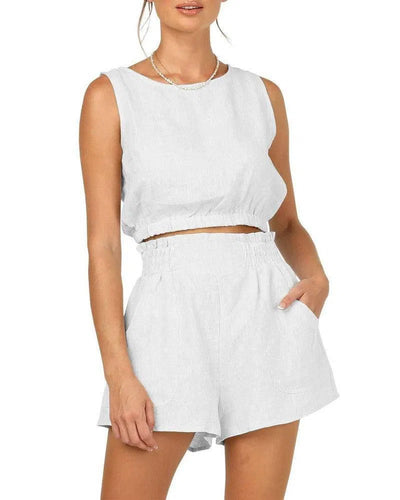 Women's Solid Color Sleeveless Short Top Shorts Suit-White-11