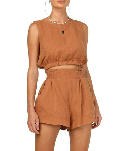 Women's Solid Color Sleeveless Short Top Shorts Suit-Caramel-4