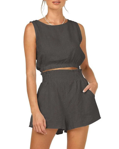 Women's Solid Color Sleeveless Short Top Shorts Suit-Carbon Gray-5