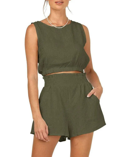 Women's Solid Color Sleeveless Short Top Shorts Suit-Olive Green-6