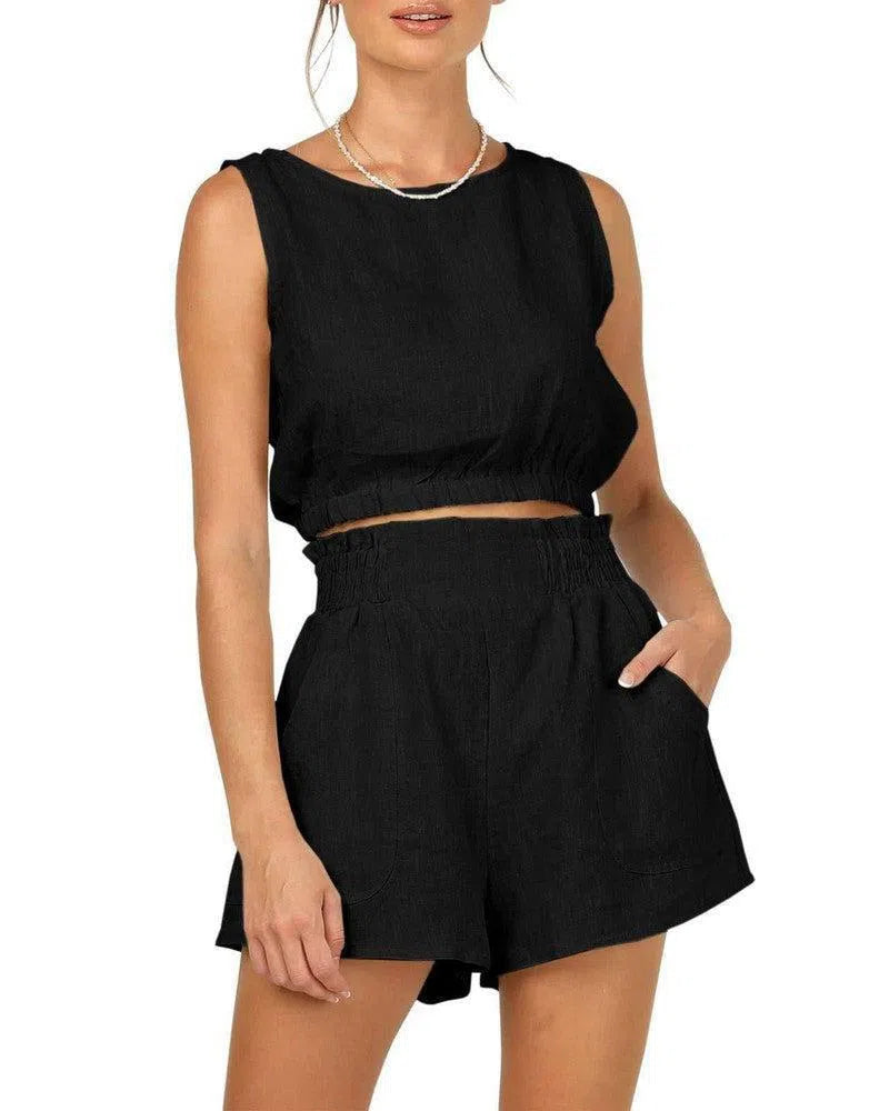 Women's Solid Color Sleeveless Short Top Shorts Suit-Black-8