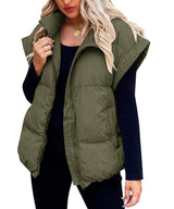 Women's Solid Color Zipper Pocket Cotton-padded Vest-Army Green-4