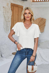 Women's Spring And Summer Lace Ruffle Sleeve Solid Color-White-8