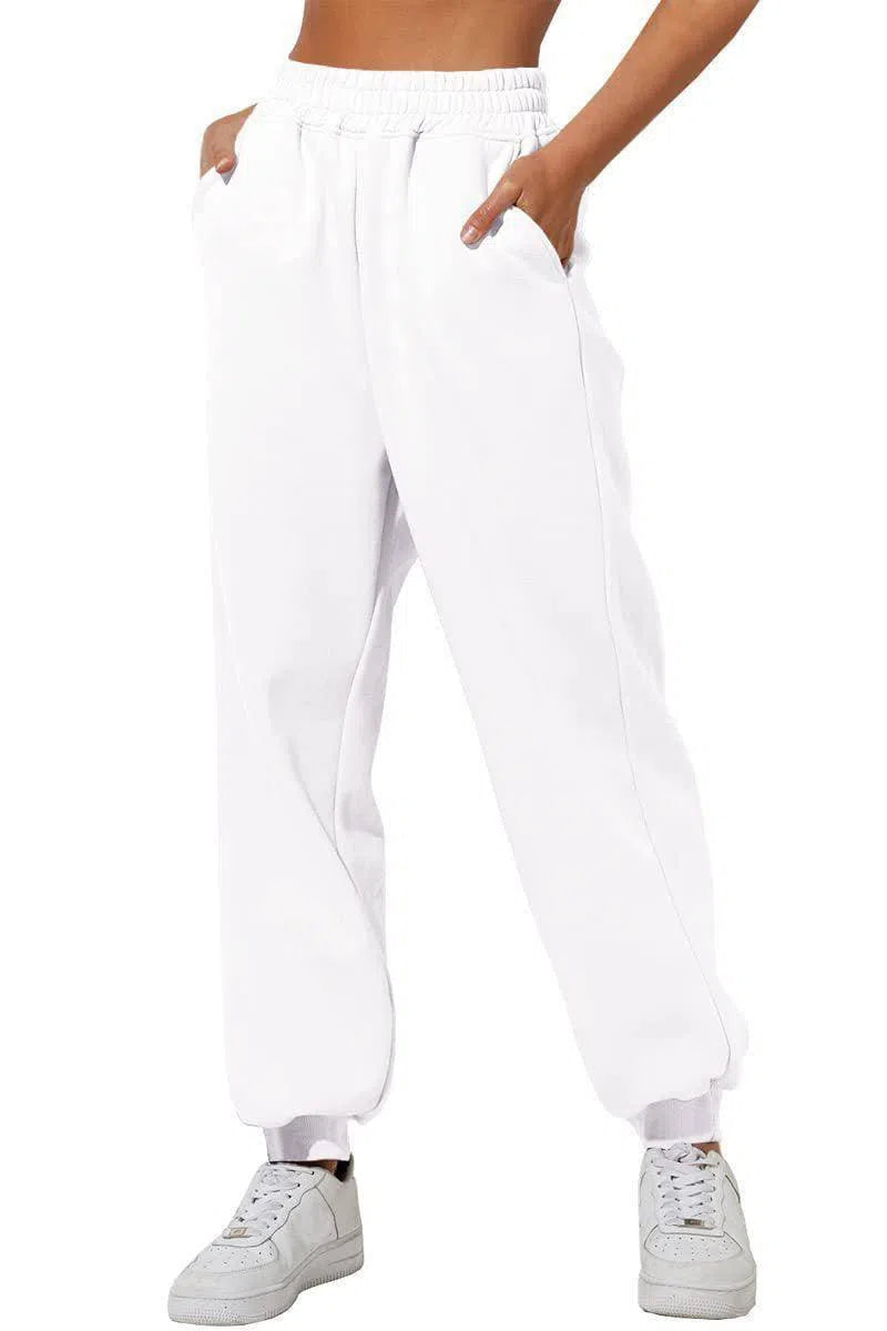 Women's Trousers With Pockets High Waist Loose Jogging Sports Pants Comfortable Casual Sweatshirt Pants-White-3