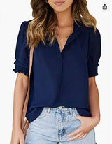 Women's V-neck Casual Short-sleeved Solid Color Chiffon-Navy Blue-11