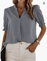 Women's V-neck Casual Short-sleeved Solid Color Chiffon-Gray-9