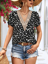 Women's V-neck Lace Printed Shirt-Black-6