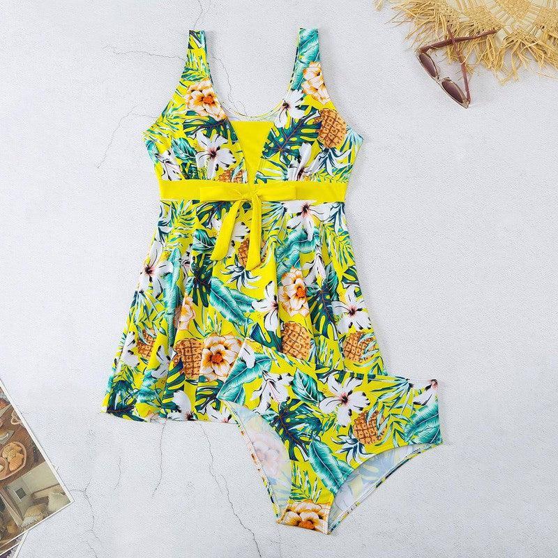 Women's V-neck Printed Split Bikini Swimsuit-Yellow-12