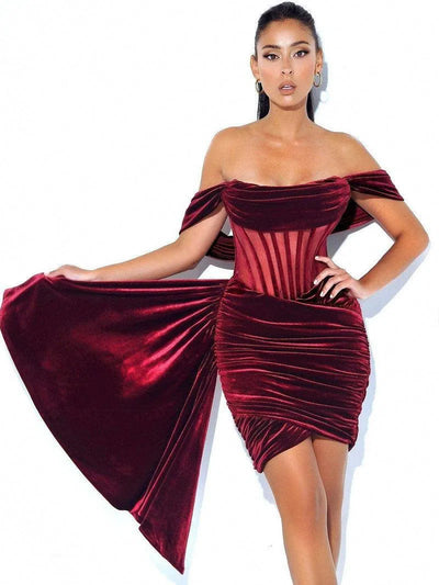 Women's Velvet With Breast Evening Dress-Red-9