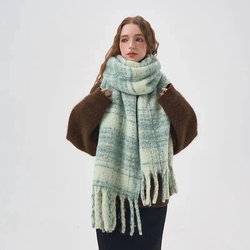 Women's White And Green Plaid Scarf-5