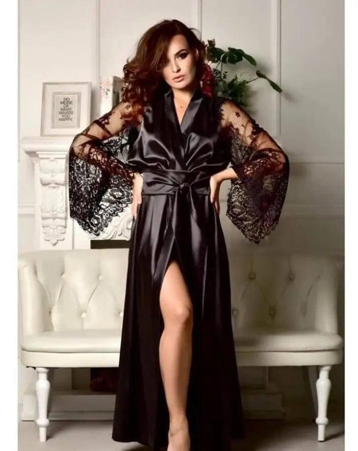 Women Lingerie Ladies Nightgown Long Pajamas Dress-Black-2