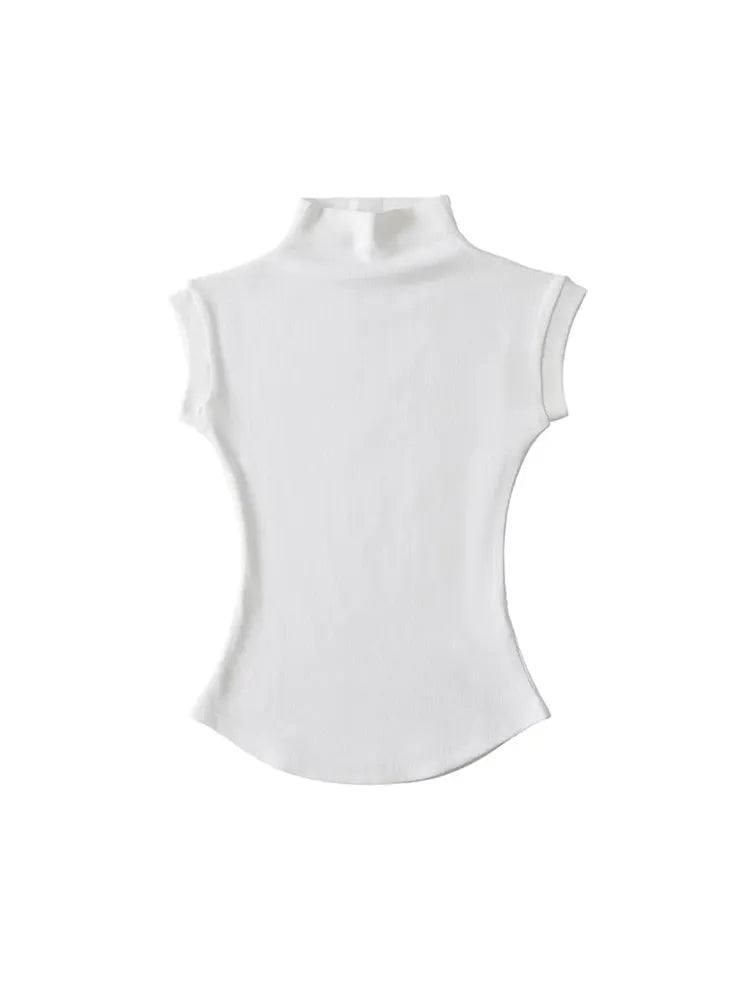 Women Summer Turtleneck Sleeveless T-Shirts Tops Solid-WHITE-9