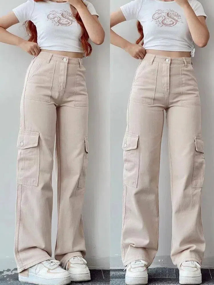 Women Vintage Cargo Pants Streetwear Techwear Korean-Beige-1