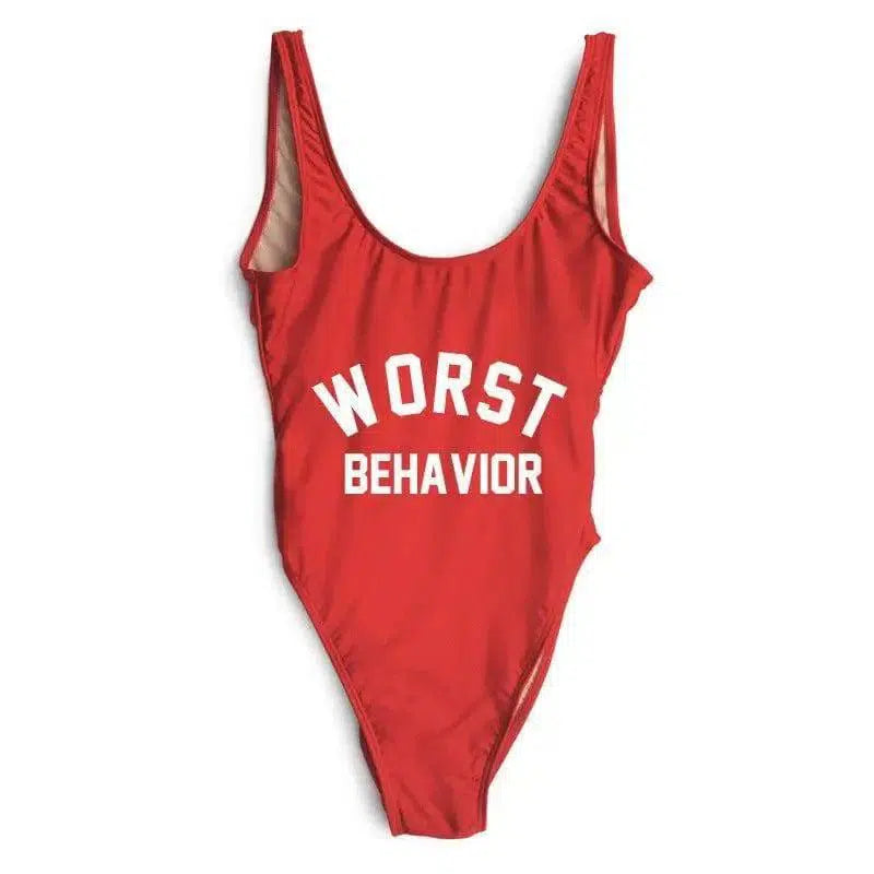 WORST letter printed one-piece swimsuit-Red-5