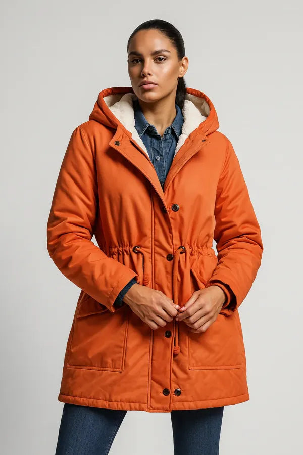 Warm orange parka coat for women - hooded winter jacket with drawstring waist and cozy lining