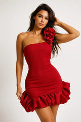 Short red one shoulder dress with floral rose detail and ruffled hem for women
